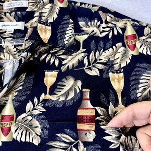 Vintage PIERRE CARDIN Men 2XL Tall Black Hawaiian Beer Wine Short Sleeve Shirt